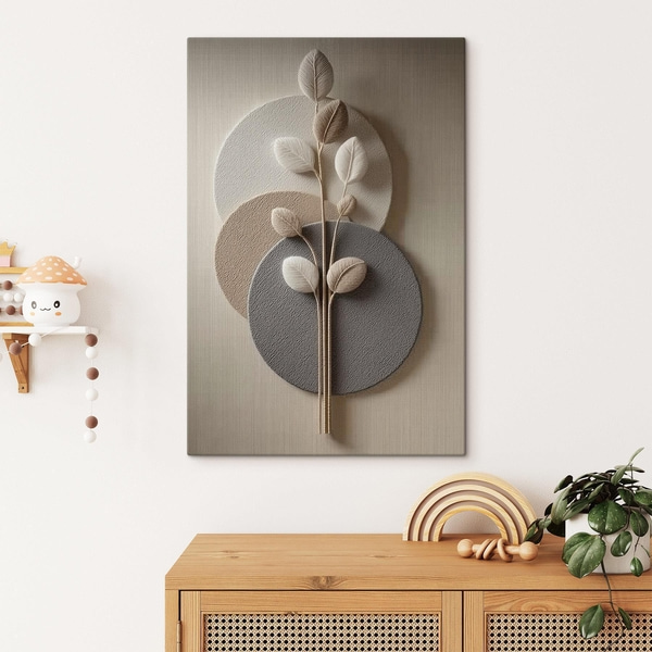 Canvas Relief circles and a branch in warm neutral tones, Minimalist canvas, s45883 : Uwalls.com