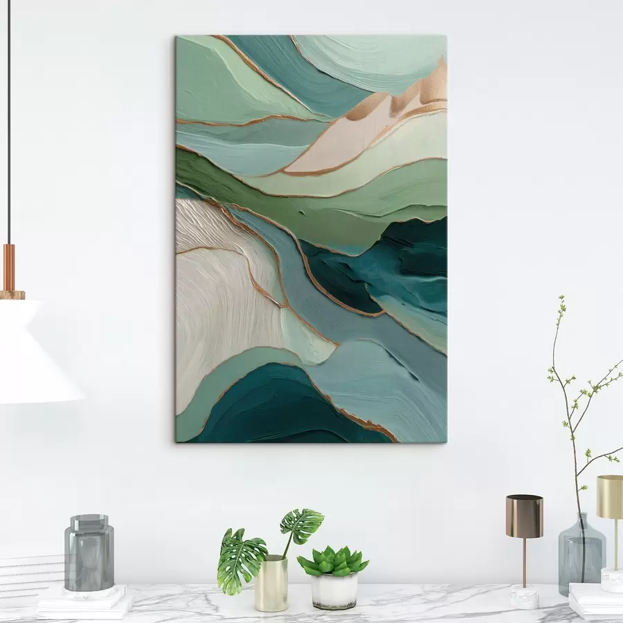 murales Abstracción verde en capas con líneas amarillas y profundidad s45902