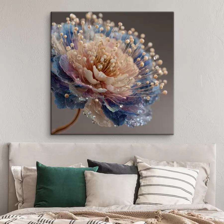 murales Flor nacarada con gotas de rocío, pétalos color melocotón y azul s45911