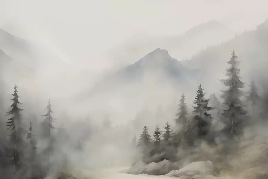 Wall Mural Photo Wallpaper Forest in the fog against the backdrop of mountains w04493