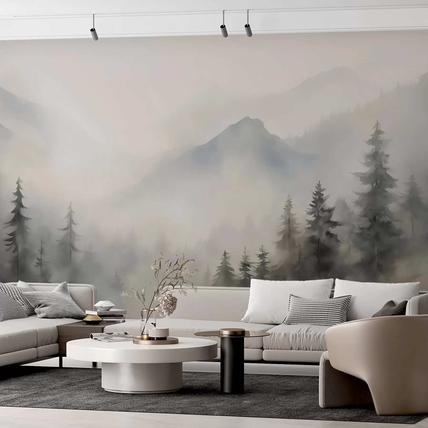 peintures murales Forêt dans le brouillard avec les montagnes en arrière-plan w04493