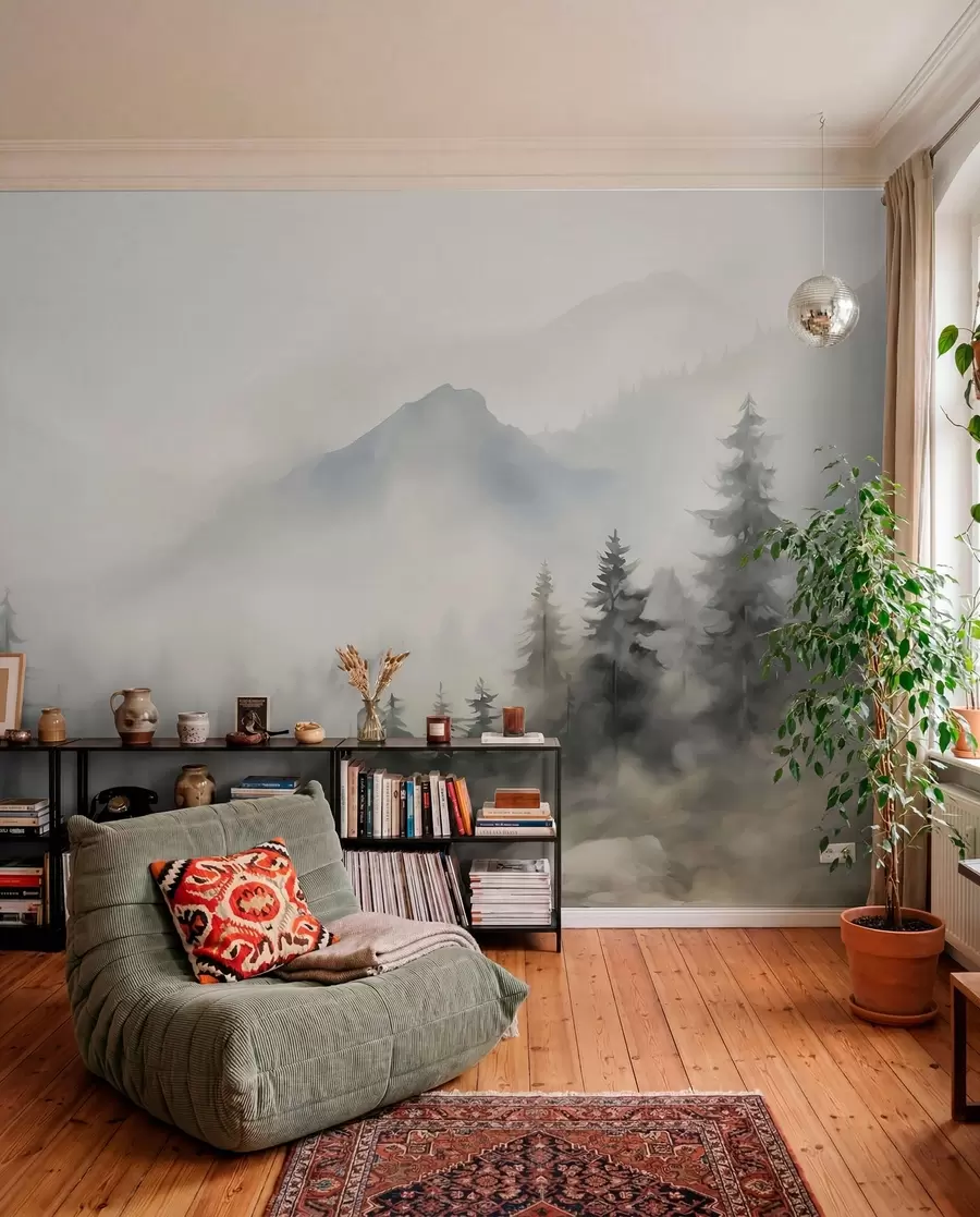 peintures murales Forêt dans le brouillard avec les montagnes en arrière-plan w04493