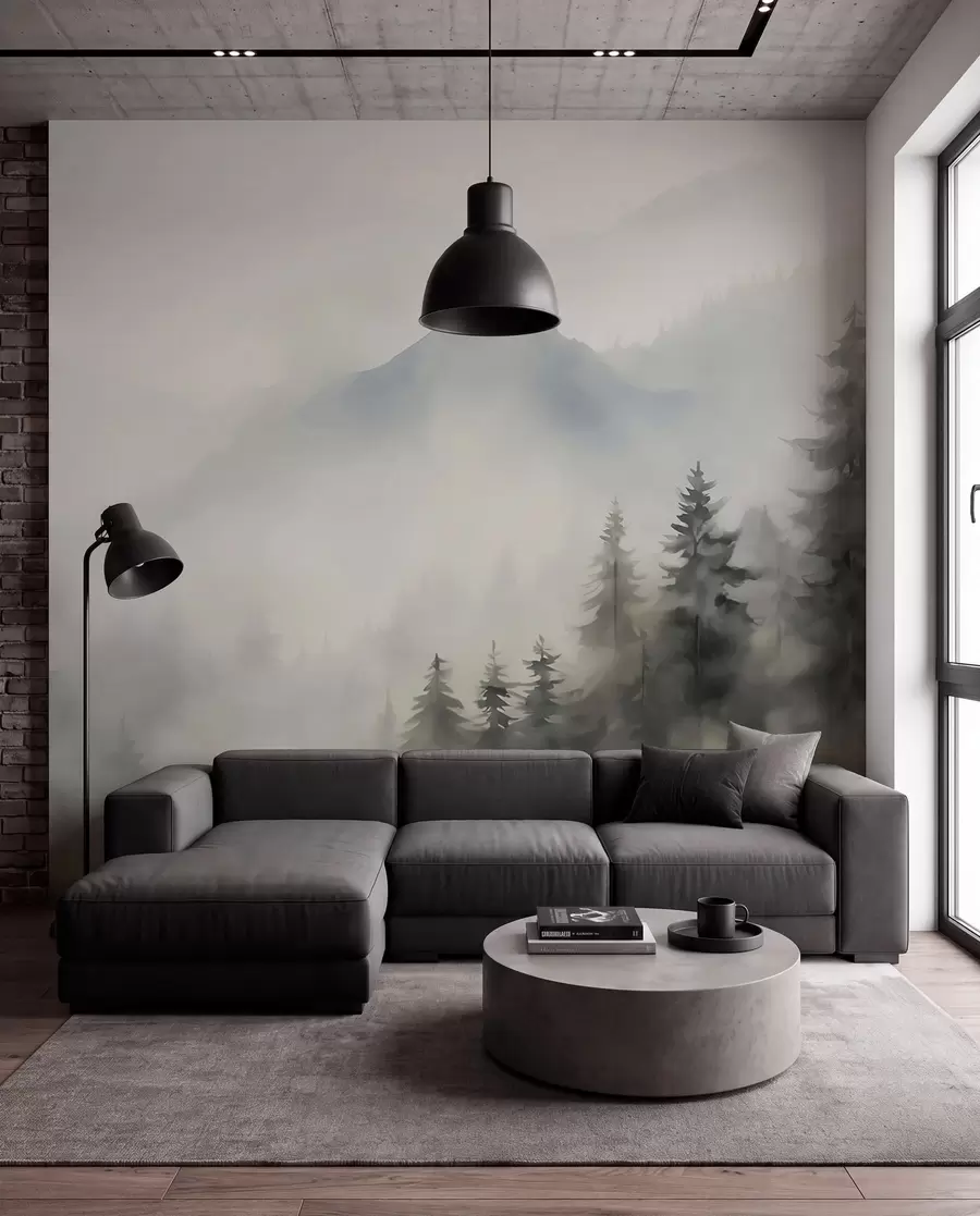 peintures murales Forêt dans le brouillard avec les montagnes en arrière-plan w04493