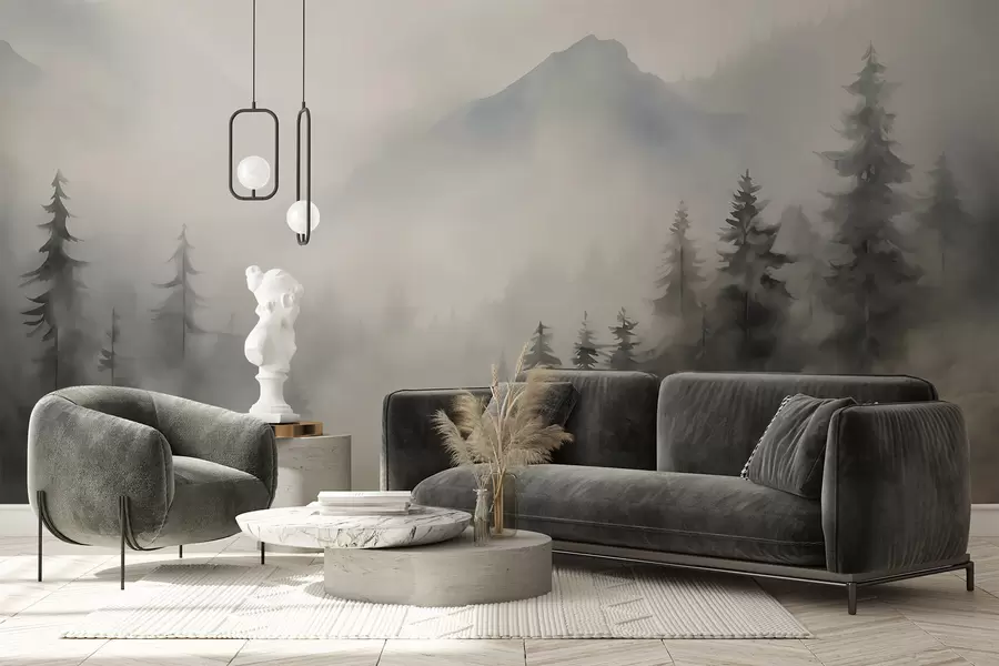 murales Bosque en la niebla con las montañas como telón de fondo w04493