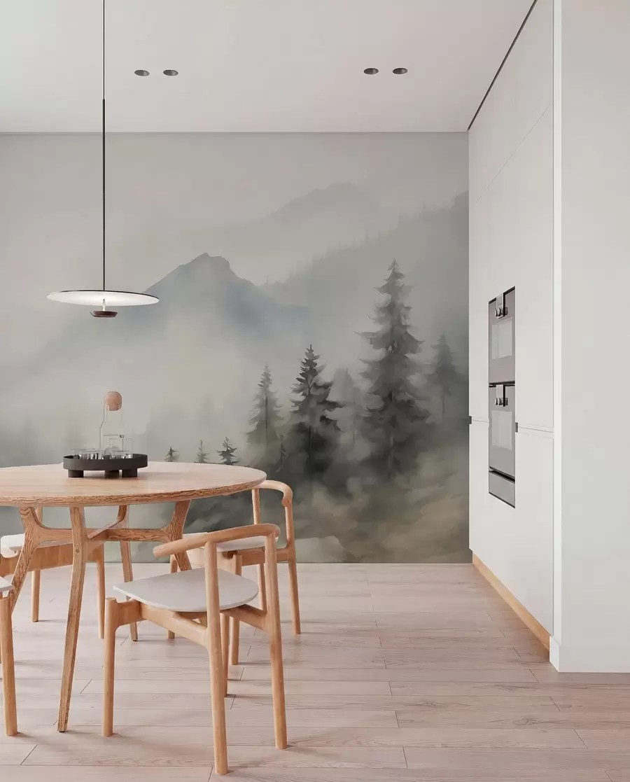 wall murals Forest in the fog against the backdrop of mountains w04493