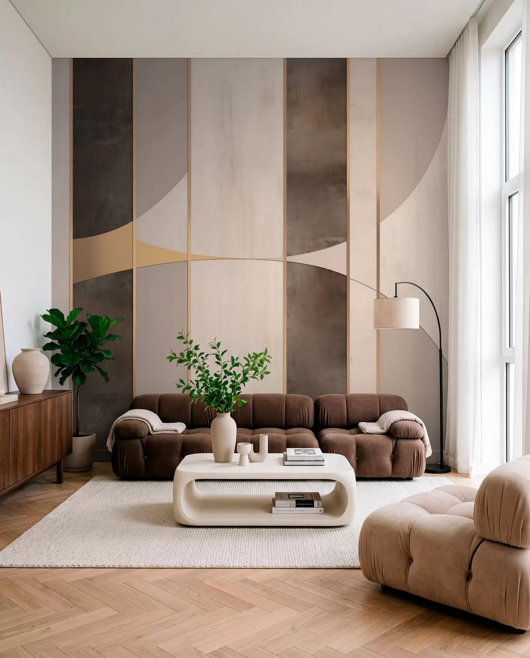 Wall Mural Photo Wallpaper Geometric panels with arcs and champagne accents w04616