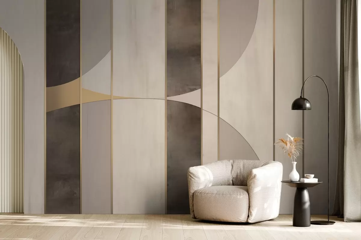 Wall Mural Photo Wallpaper Geometric panels with arcs and champagne accents w04616