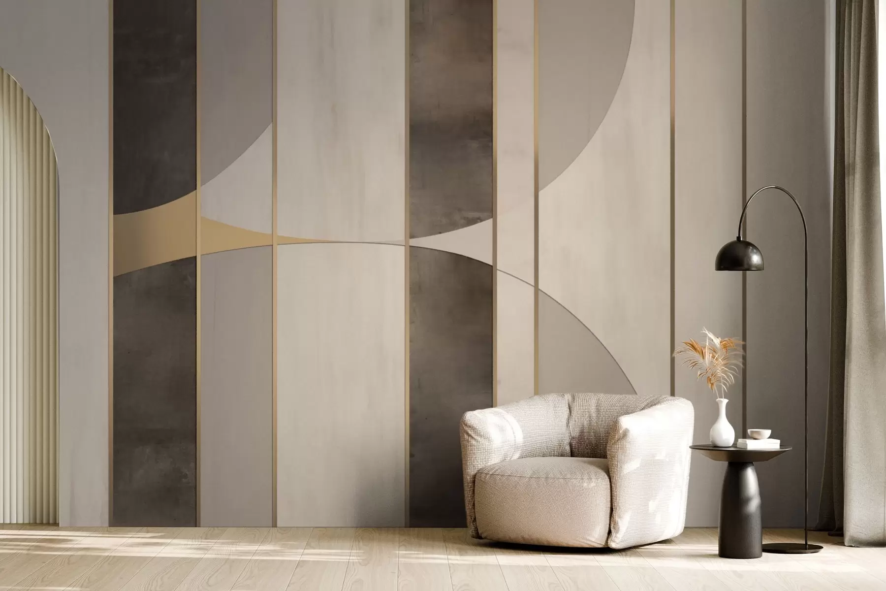 wall murals Geometric panels with arcs and champagne accents w04616