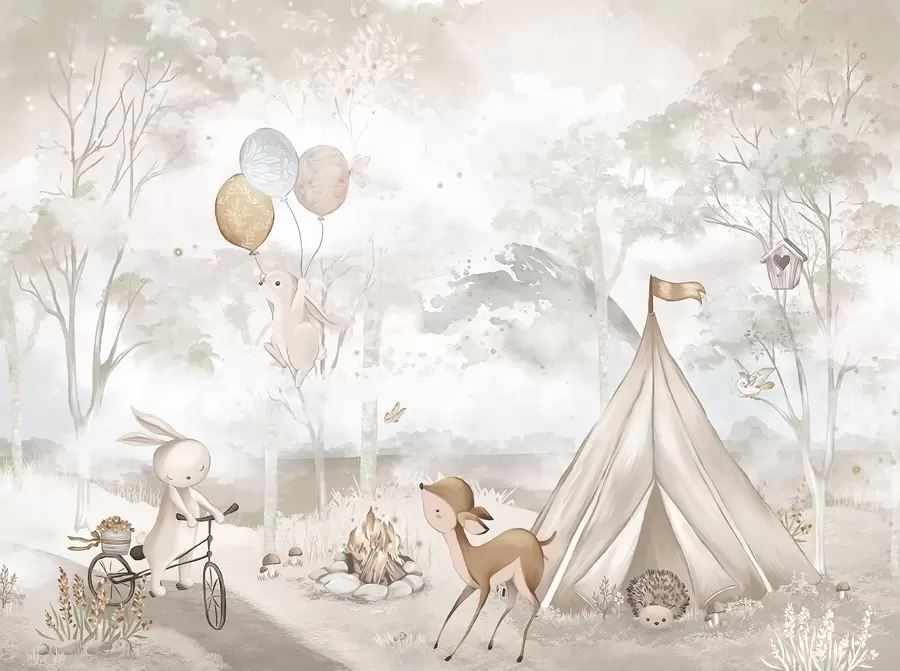 Wall Mural Photo Wallpaper Kids' camp in warm beige tones, tent and forest animals w04671