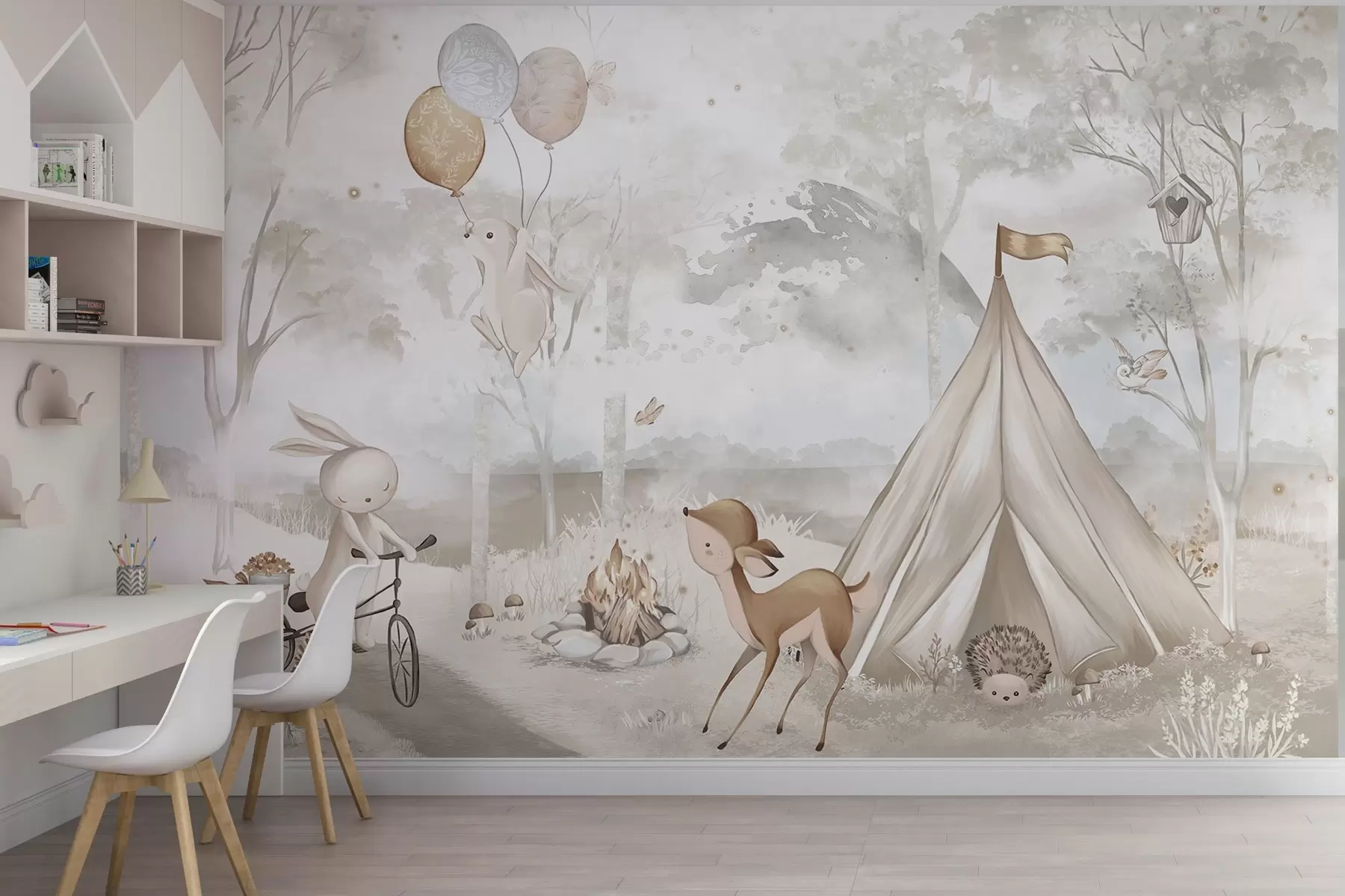 wall murals Kids' camp in warm beige tones, tent and forest animals w04671