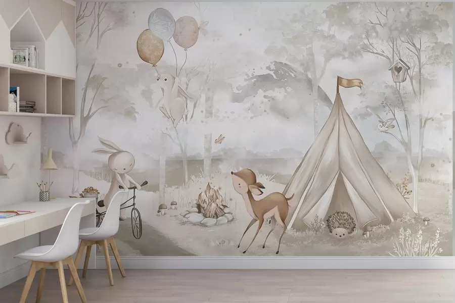 Wall Mural Photo Wallpaper Kids' camp in warm beige tones, tent and forest animals w04671