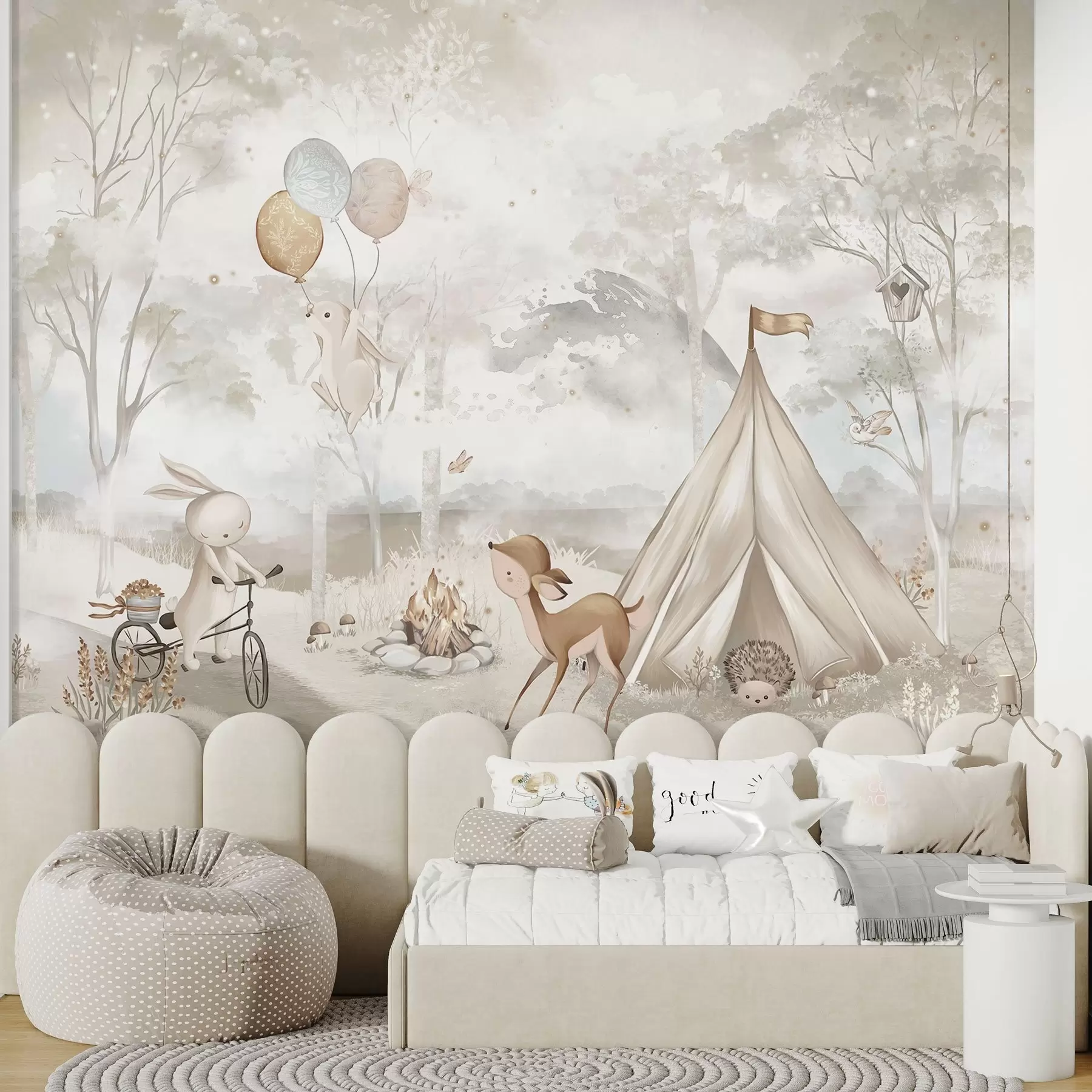 wall murals Kids' camp in warm beige tones, tent and forest animals w04671