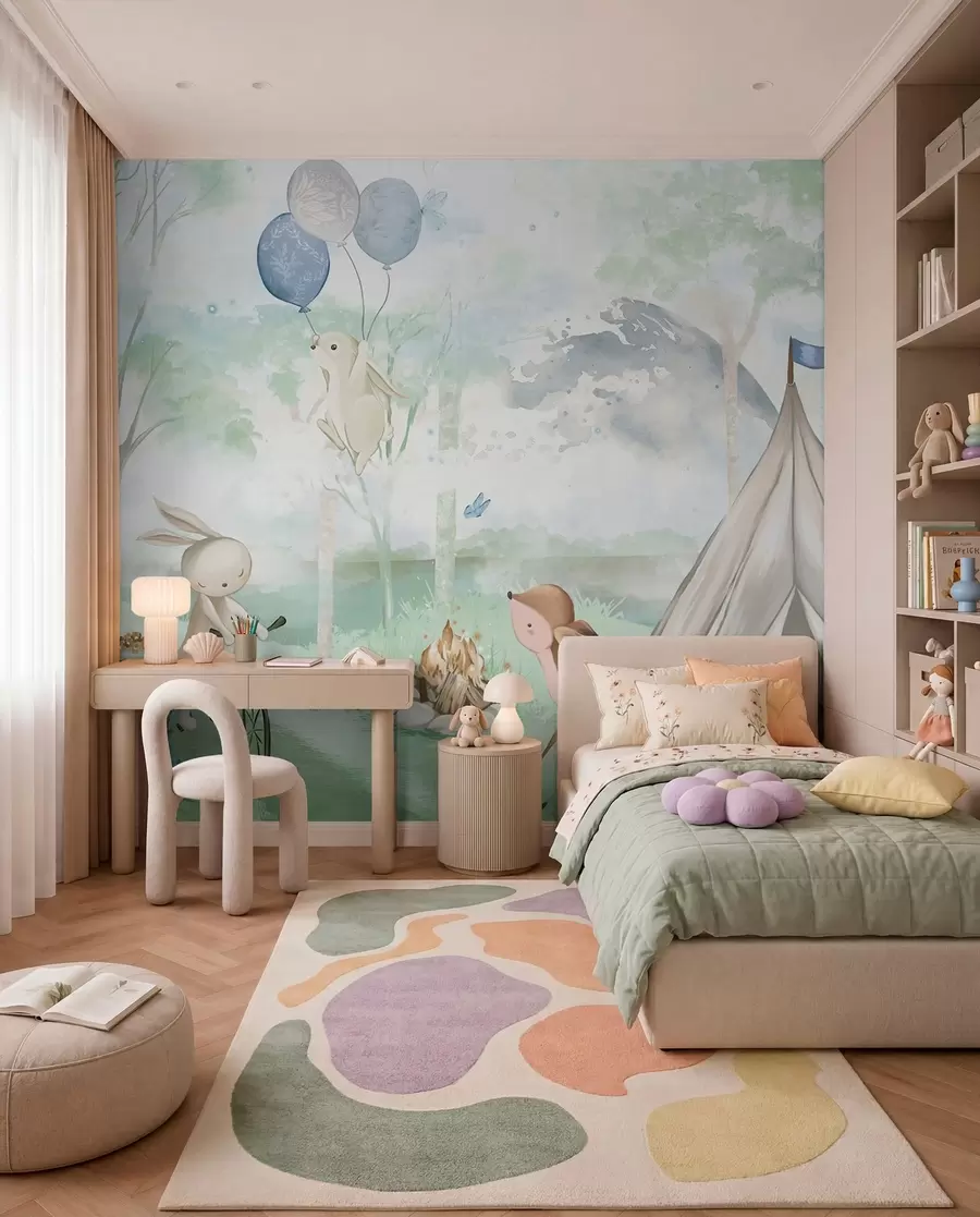 murales Campamento infantil en el bosque: conejitos, cervatillos, tienda de campaña y hoguera w04671v1