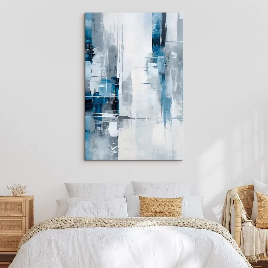 murales Imitación de pintura abstracta con colores azul, gris y blanco, líneas verticales y formas geométricas s45926