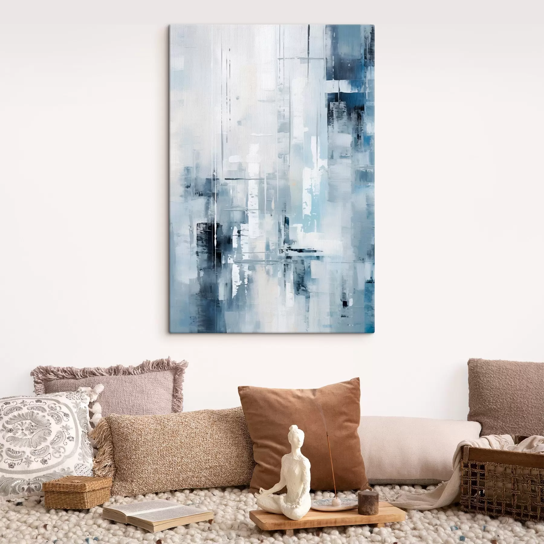 murales Imitación de pintura abstracta con colores azul, gris y blanco, líneas verticales y formas geométricas s45927
