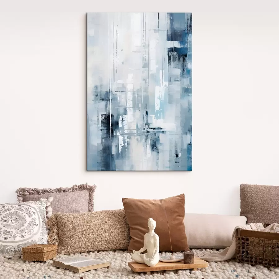 murales Imitación de pintura abstracta con colores azul, gris y blanco, líneas verticales y formas geométricas s45927