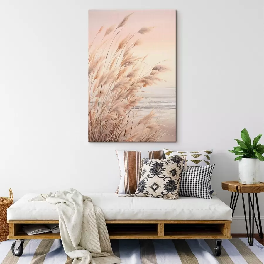 murales Hierba de la pampa con una paleta de colores naranja pastel, cielo rosa claro, un paisaje tranquilo s45934