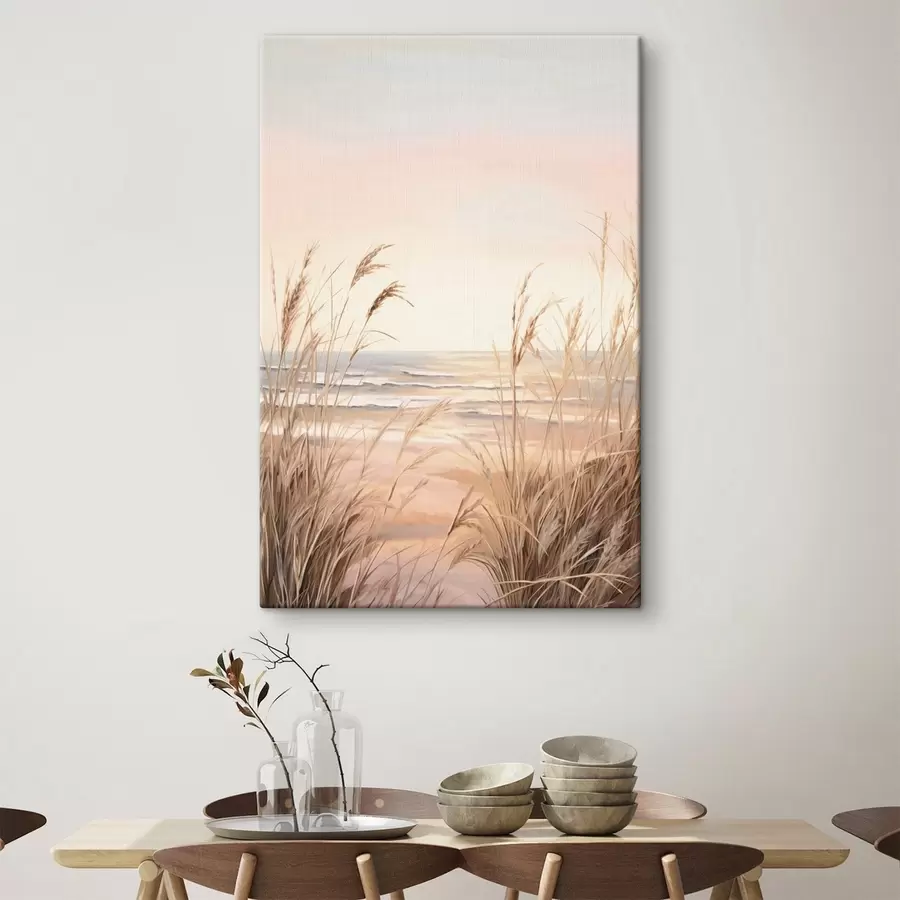 wall murals Pampas grass with pastel orange color palette, light pink sky, a tranquil landscape s45935