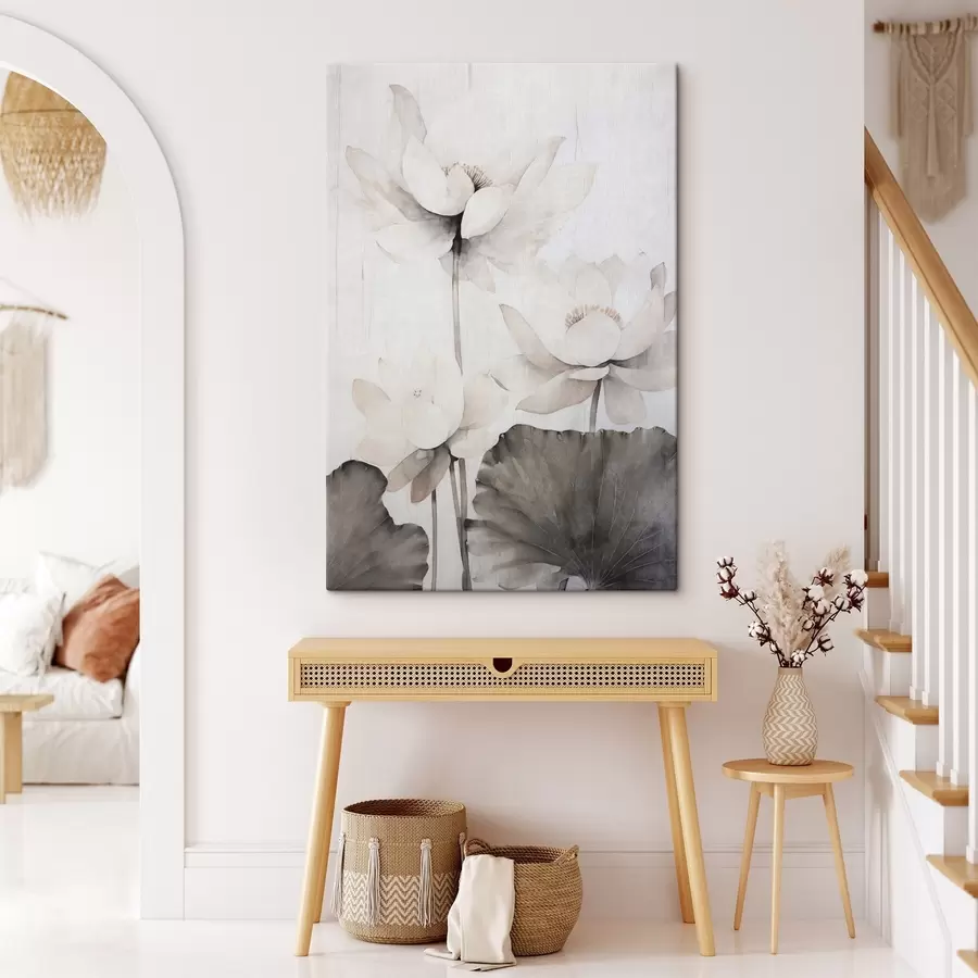 wall murals White textured lotus flowers with dark leaves, light background, minimalist design s45936