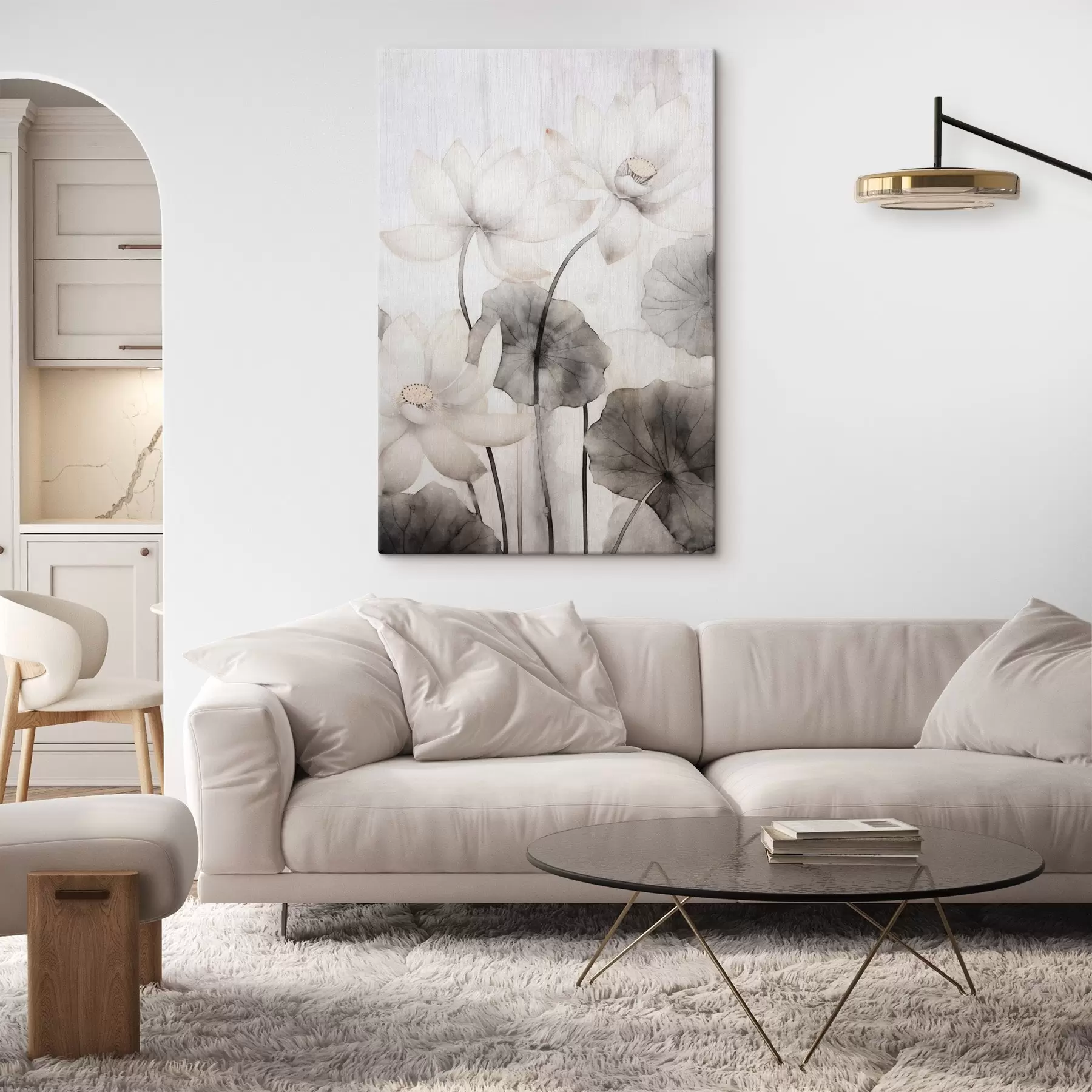 murales Flores de loto blancas con textura y hojas oscuras, fondo claro, diseño minimalista s45937