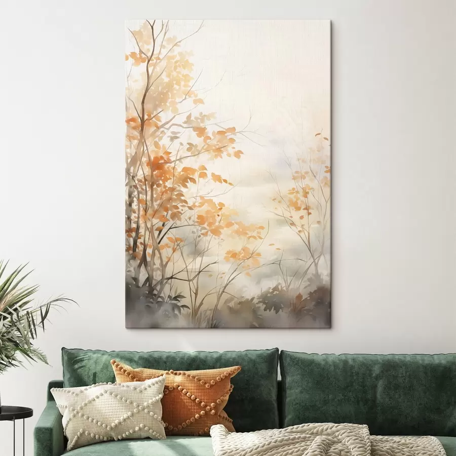 wall murals Autumn trees with orange leaves and branches, soft watercolor style , delicate brushstrokes s45941