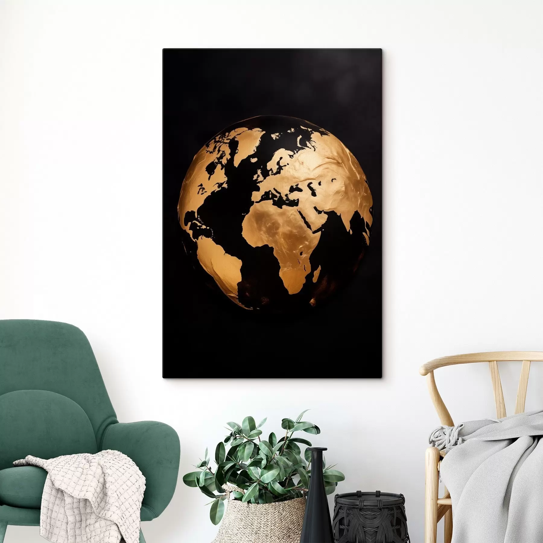 wall murals Yellow textured abstract earth globe, planet on a black background, modern minimalist art s45942