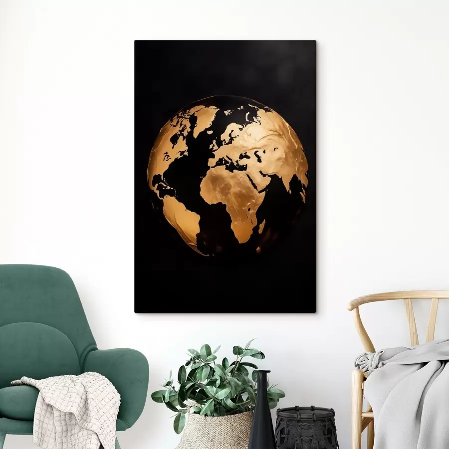 wall murals Yellow textured abstract earth globe, planet on a black background, modern minimalist art s45942