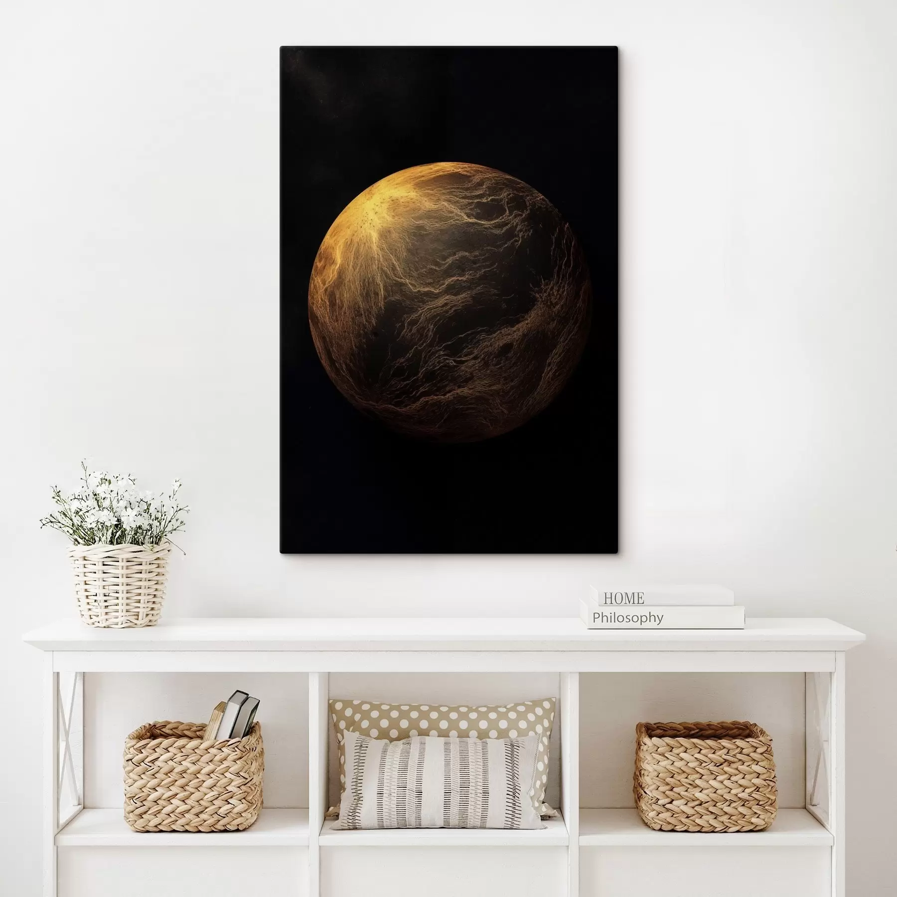 wall murals Abstract planet with orange veins in a black space background, modern minimalist art s45943