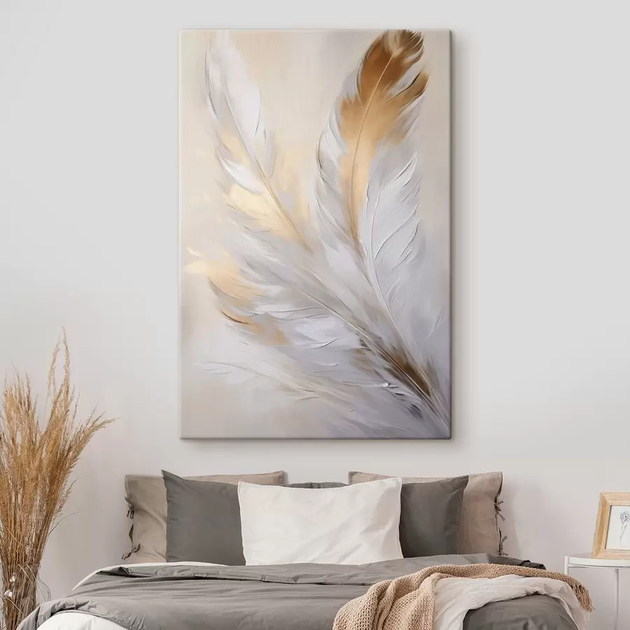 murales Plumas con detalles en naranja, iluminación suave, composición minimalista con textura, arte moderno s45944