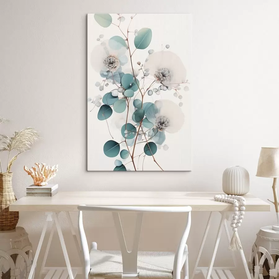 wall murals Eucaliptus abstract flowers with white petals, muted green leaves on branches s45946