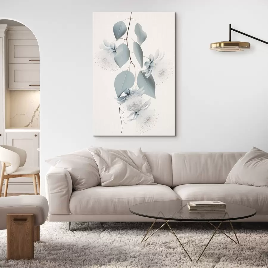 wall murals Eucalyptus branch with blue leaves and white flowers, light background s45947