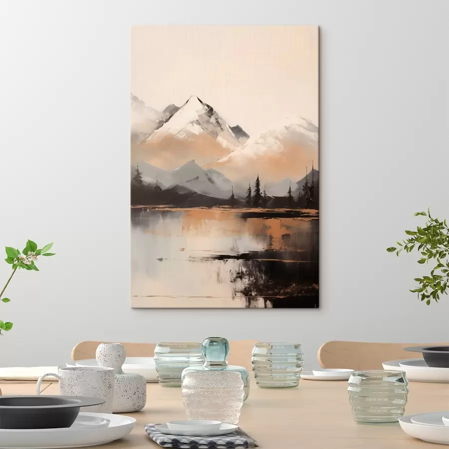 murales Montañas nevadas con textura y algunos árboles frente a un lago s45951