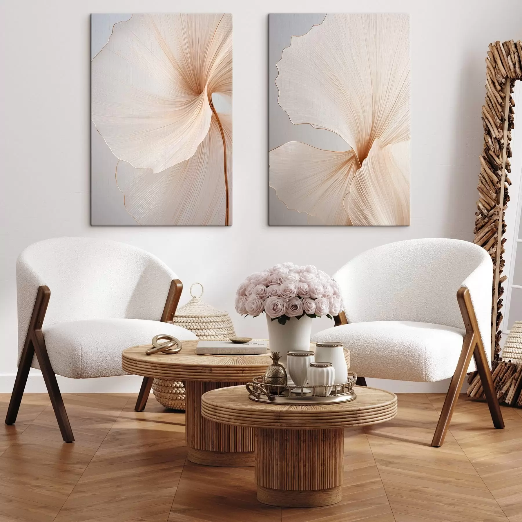 murales Flores abstractas con pétalos finos y delicados en tonos blancos y beige m00817