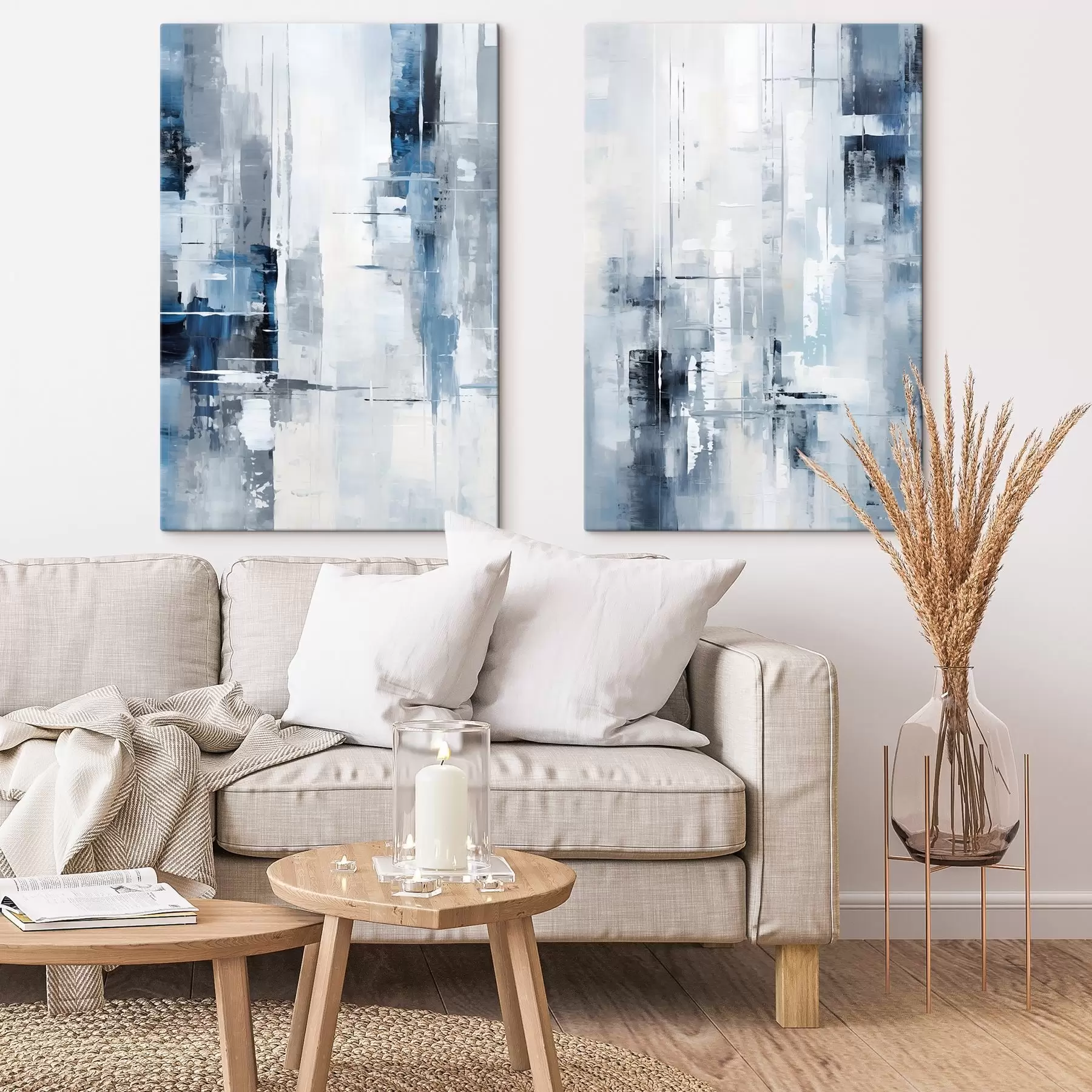 murales Imitación de pintura abstracta con colores azul, gris y blanco, líneas verticales y formas geométricas m00819
