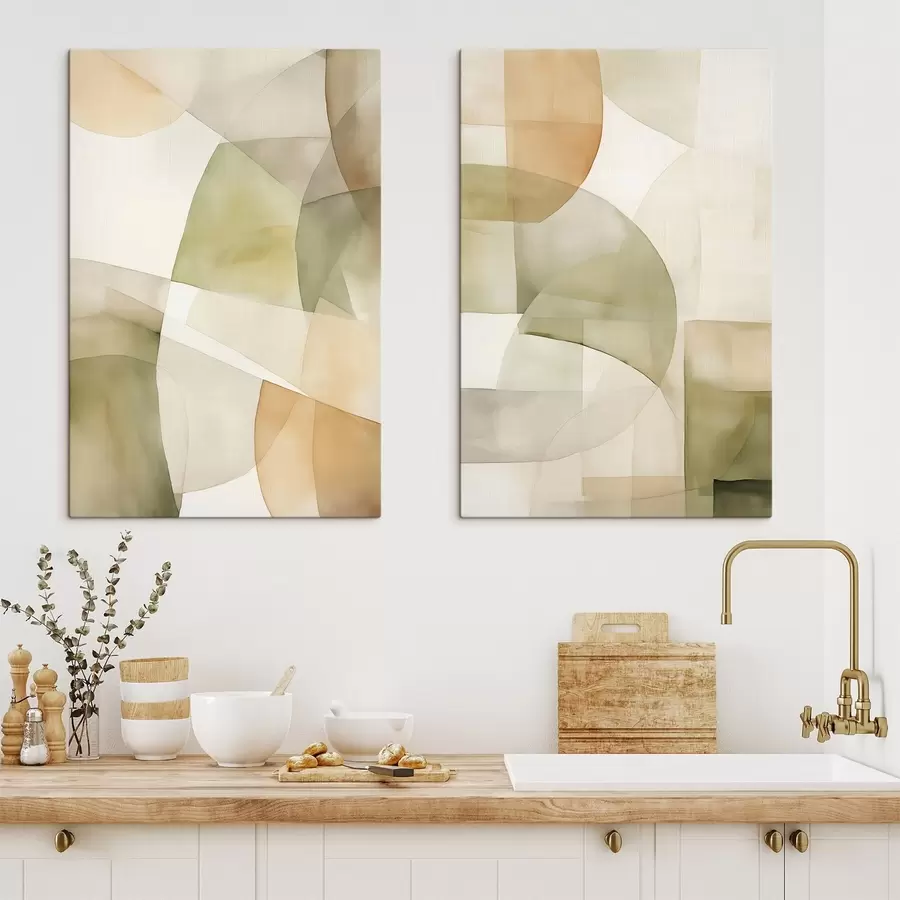 wall murals Abstract watercolor textured geometric shapes in shades of green, brown, and beige m00820