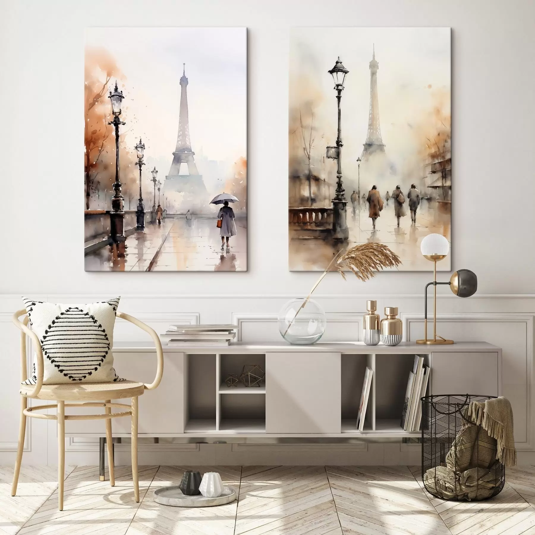 murales Un lluvioso día de otoño en París con la Torre Eiffel al fondo y farolas vintage m00821