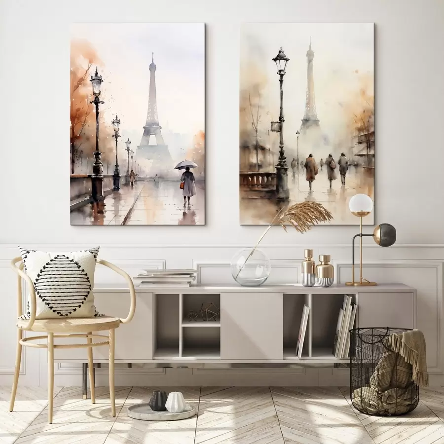 murales Un lluvioso día de otoño en París con la Torre Eiffel al fondo y farolas vintage m00821