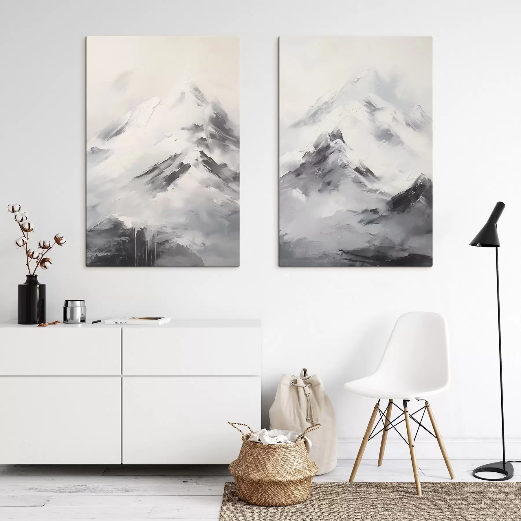 wall murals Snowy mountain peaks with gray shadows, gray sky, brush strokes, textured, minimalist m00822