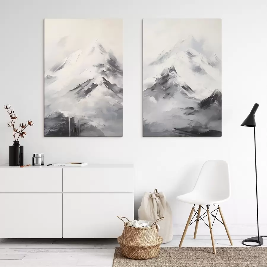murales Cumbres nevadas con sombras grises, cielo gris, pinceladas, texturizado, minimalista m00822