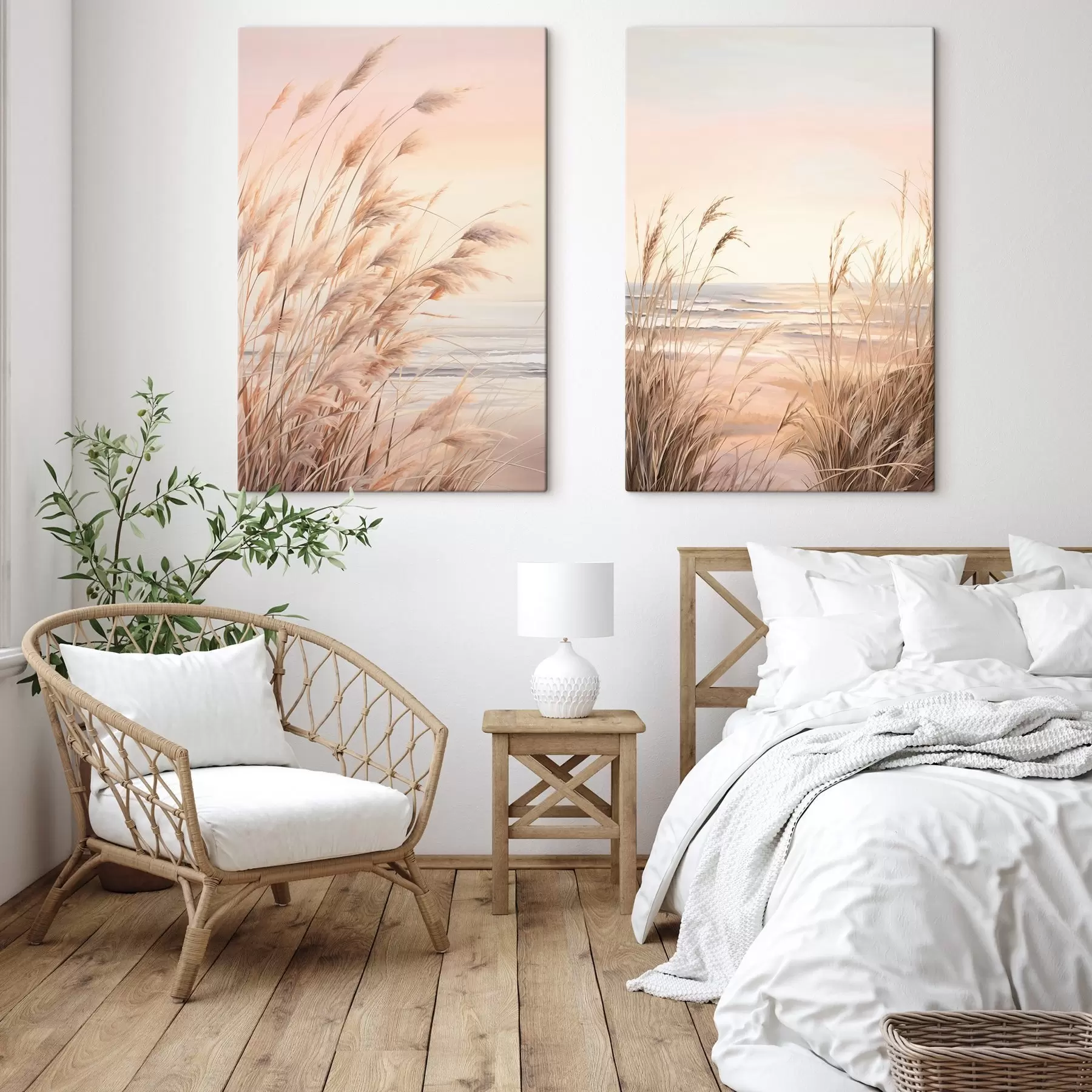 wall murals Pampas grass with pastel orange color palette, light pink sky, a tranquil landscape m00823