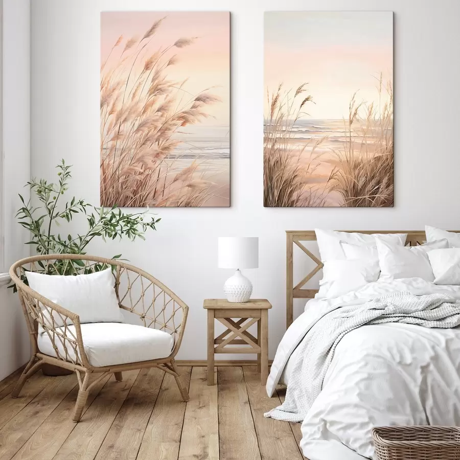 wall murals Pampas grass with pastel orange color palette, light pink sky, a tranquil landscape m00823