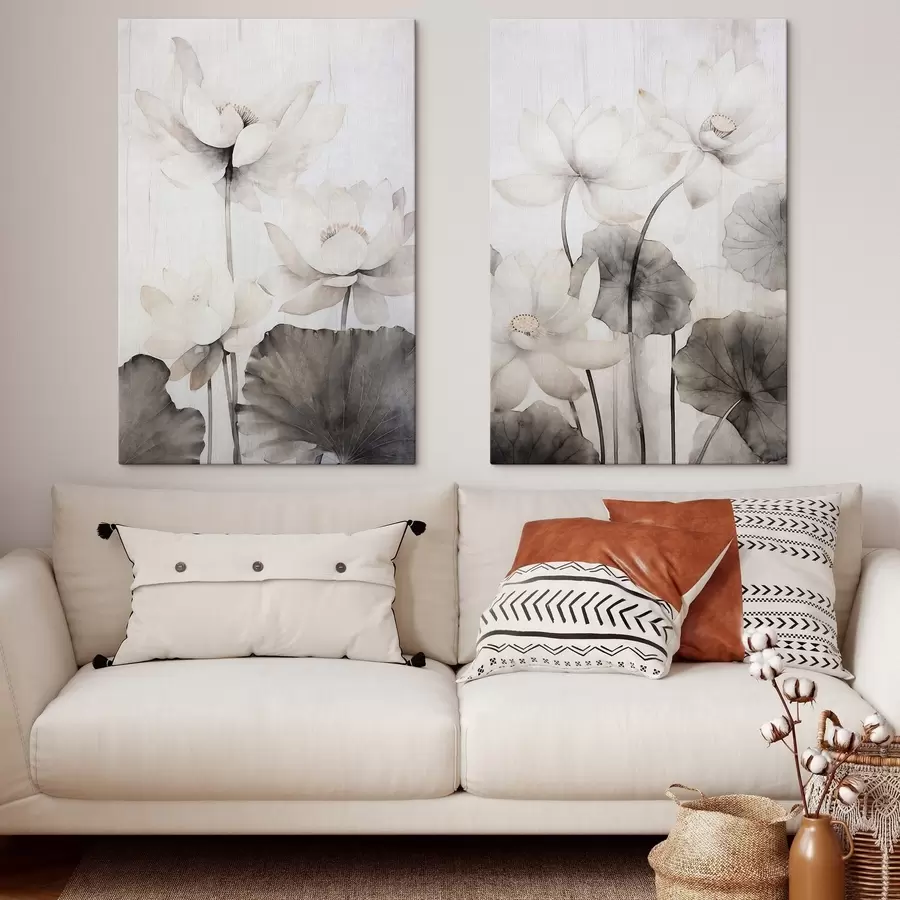 wall murals White textured lotus flowers with dark leaves, light background, minimalist design m00824