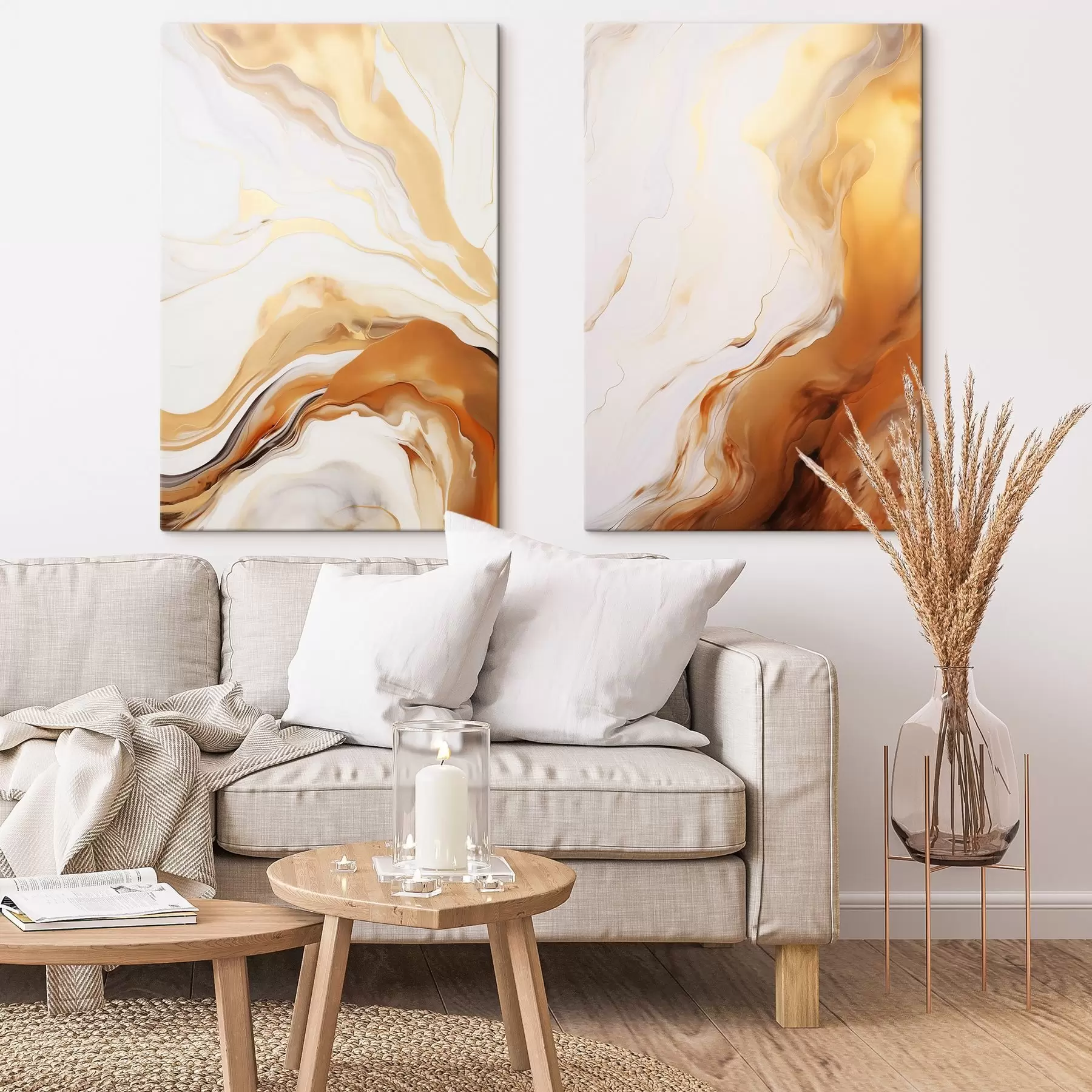 wall murals Abstract painting imitation with white and orange colors, fluid art with wavy lines, modern art m00825