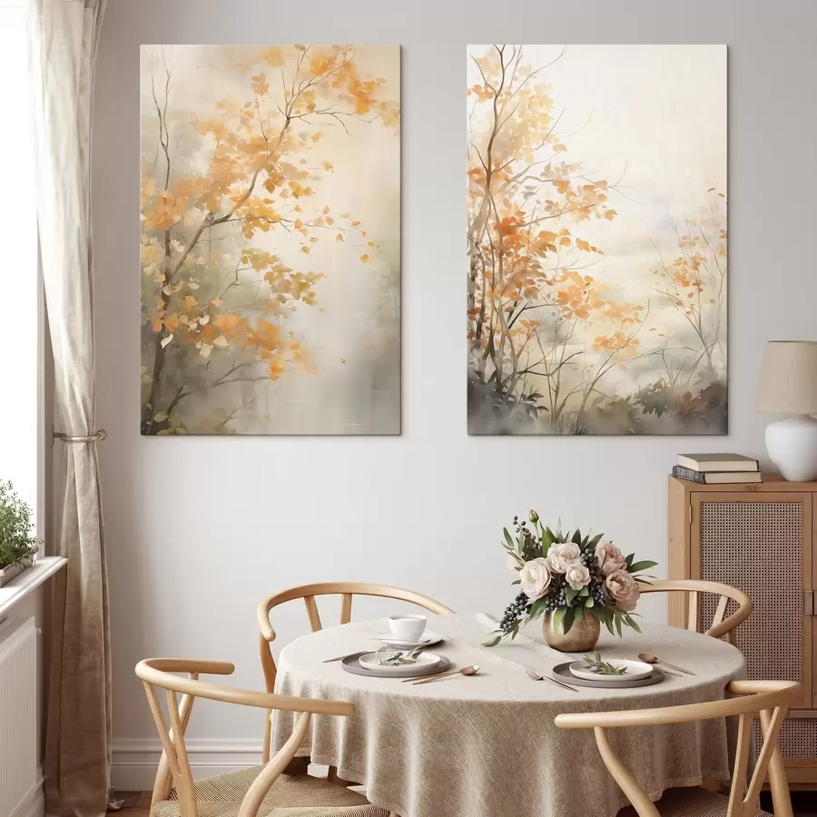 murales Árboles otoñales con hojas y ramas anaranjadas, estilo acuarela suave, pinceladas delicadas m00826