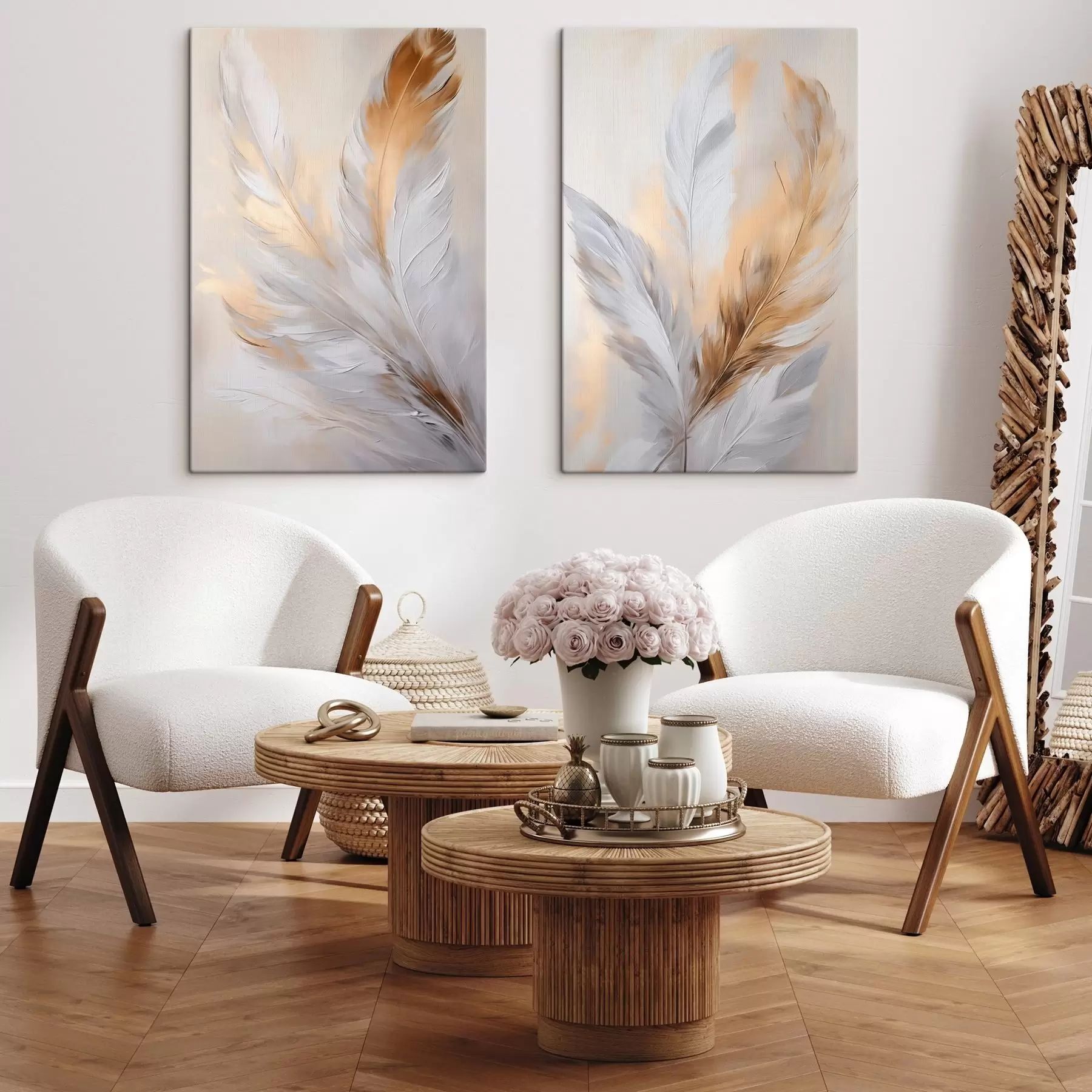 wall murals Feathers with orange accents, textured minimalist composition, modern art m00828