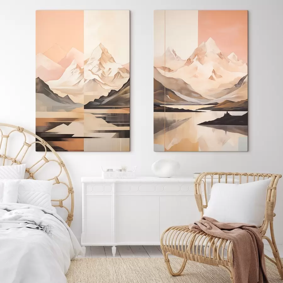 murales Paisaje abstracto con montañas y un lago, colores pastel, estilo minimalista m00830