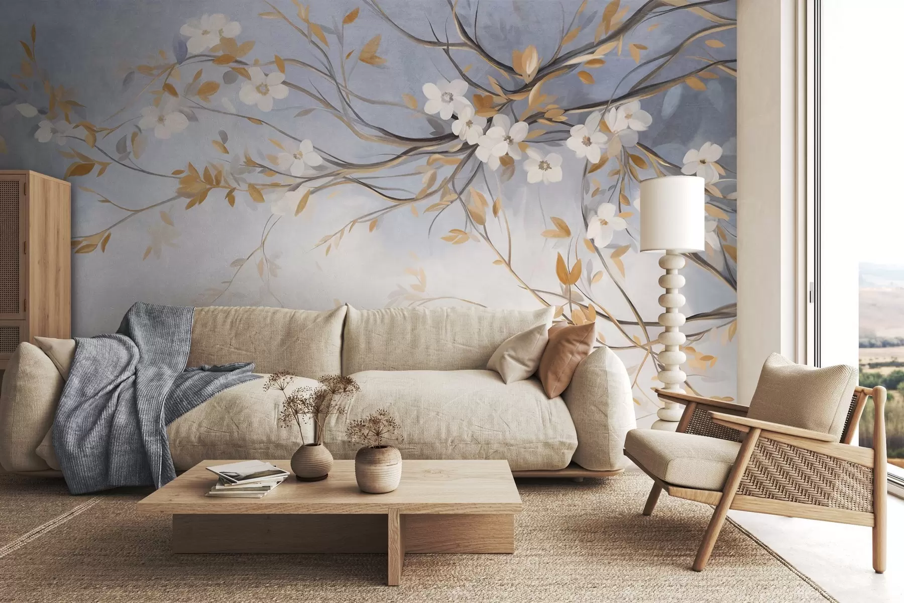 Wall Mural Photo Wallpaper White flowers with orange leaves on a tree branch, light blue textured background, delicate brushstrokes w09415