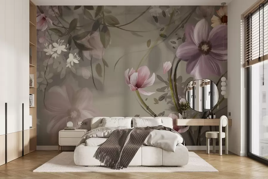 wall murals Pink and white flowers with brown stems and leaves, soft lighting, muted colors, floral arrangement w09417