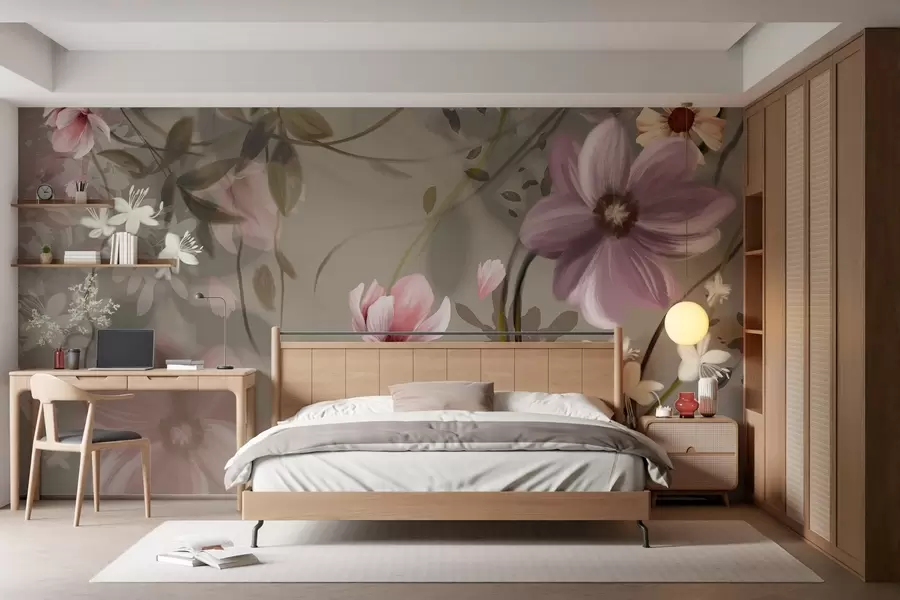 murales Flores rosas y blancas con tallos y hojas marrones, iluminación suave, colores apagados, arreglo floral w09417