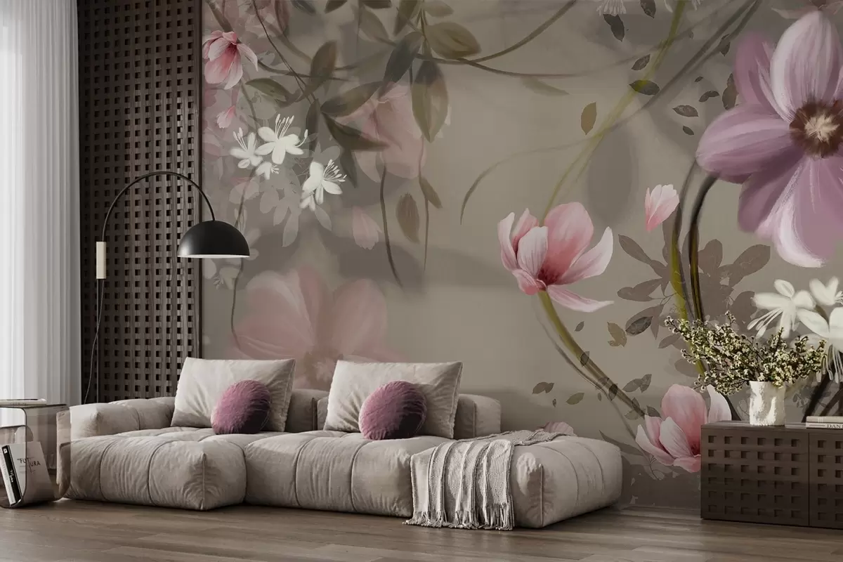 wall murals Pink and white flowers with brown stems and leaves, soft lighting, muted colors, floral arrangement w09417